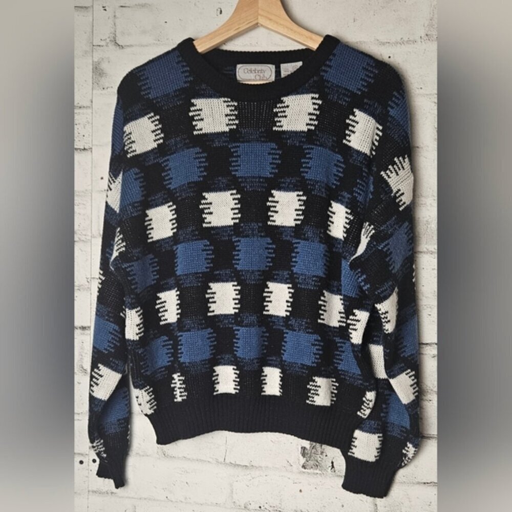 Vintage Celebrity Club Checkered Pattern Crew Neck Knit Sweater